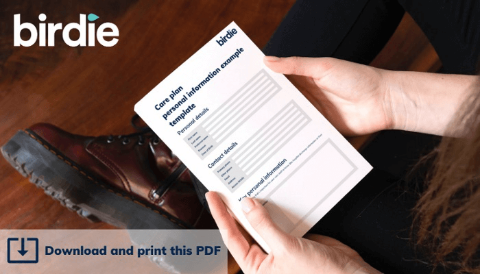 Woman in boots holds care plan template
